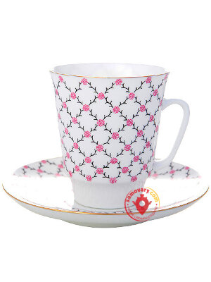 Кофейная пара форма Майская рисунок Розовая сетка Императорский фарфоровый завод